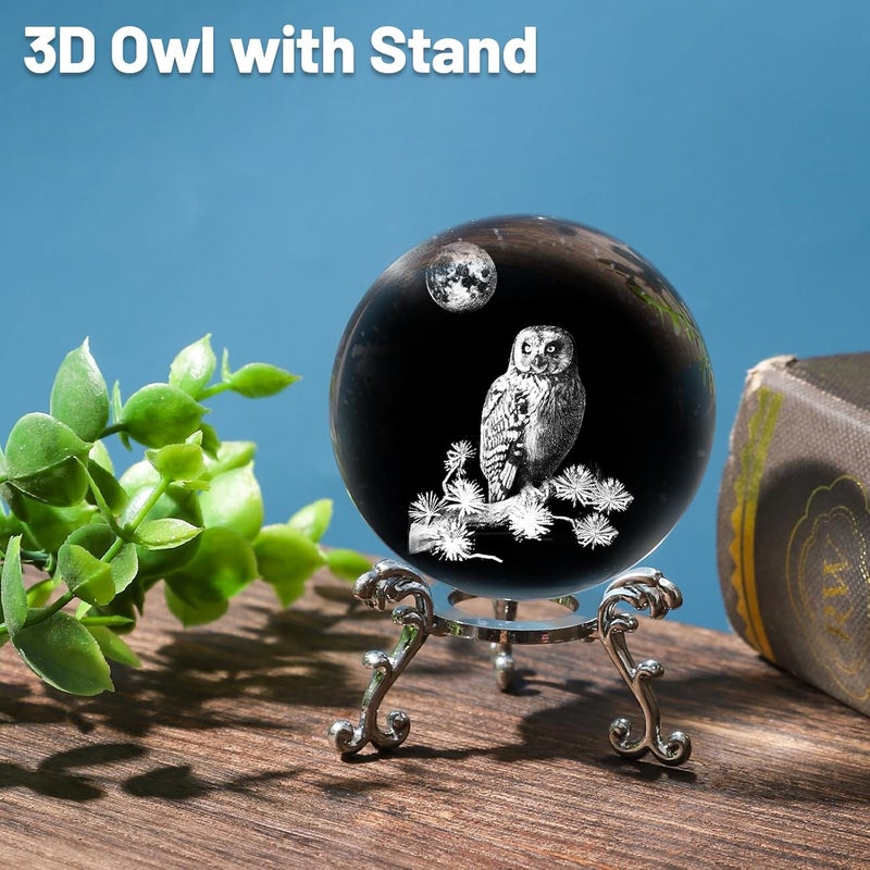 PYJ3DLAMP 3D Owl Crystal Ball with Stand Lase Engraved Glass Sphere Paperweight Owl Decor Gift - Image 4
